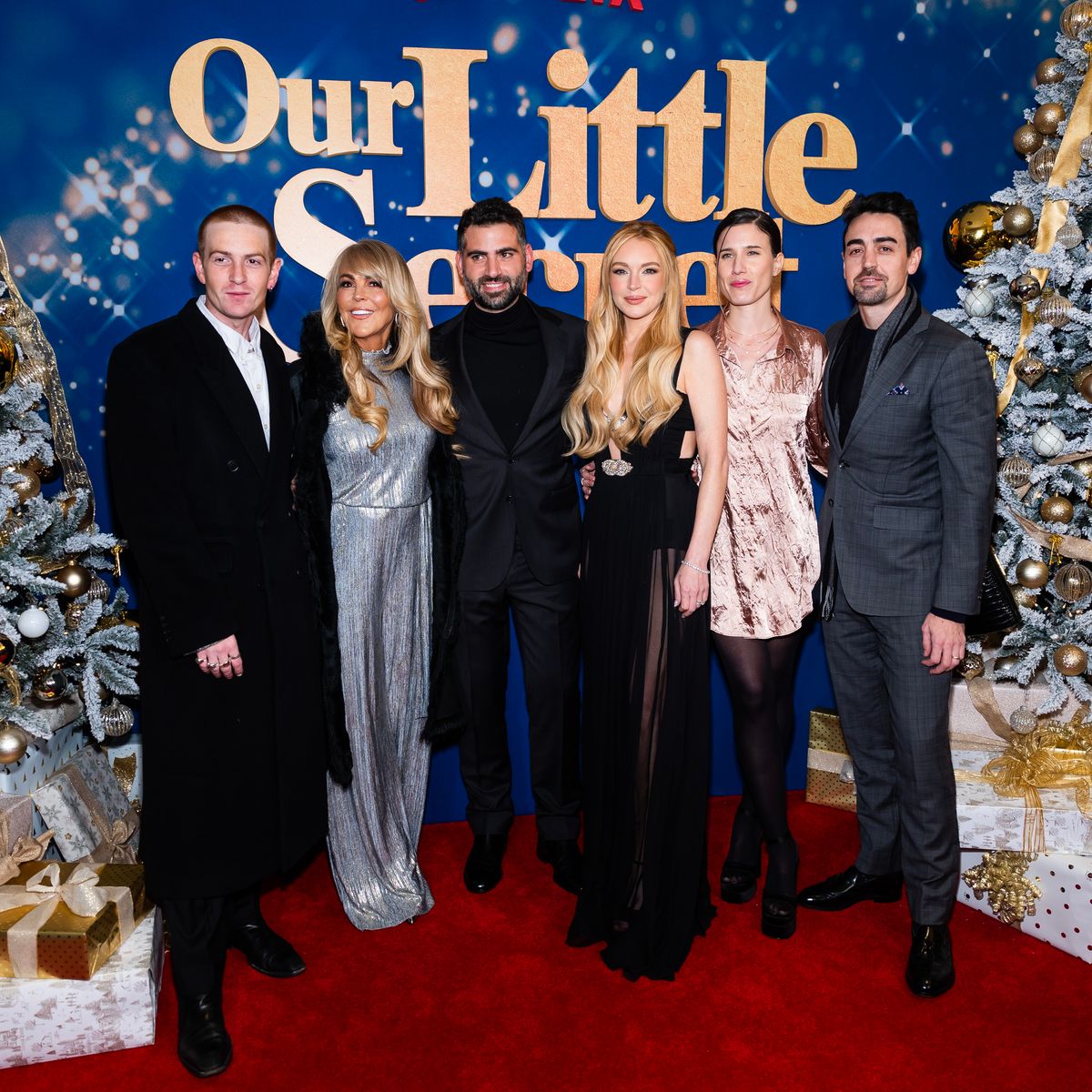 Dakota Lohan, Dina Lohan, Bader Shammas, Lindsay Lohan, Nina Ginsberg and Michael Lohan Jr. attend Netflix's "Our Little Secret" New York screening