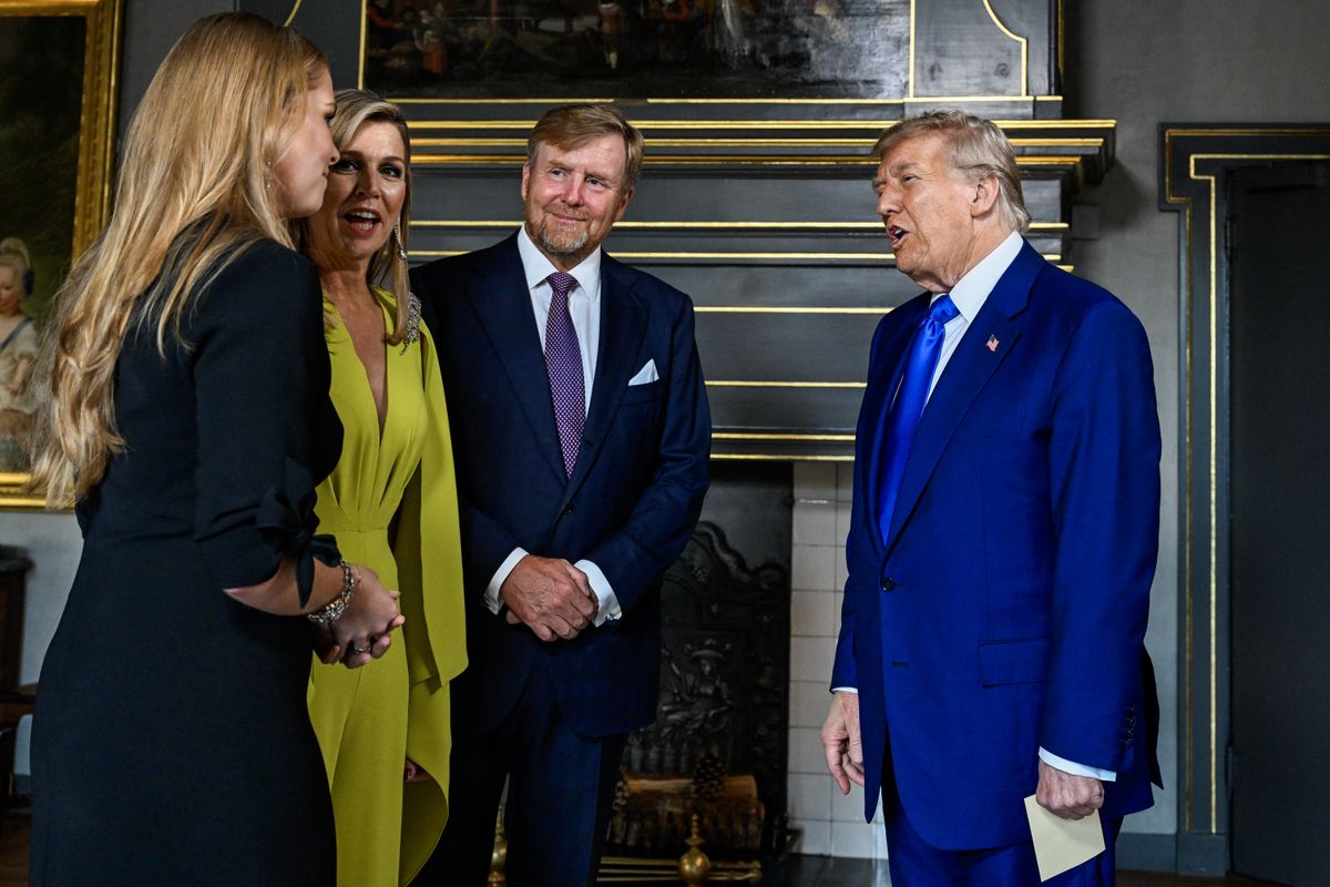 King Willem-Alexander (2nd R) and Queen Maxima (2nd L) of the Netherlands, along with Crown Princess Amalia (L), greet US President Donald Trump (R) prior to a social dinner with NATO country leaders at the 'Huis ten Bosch' Royal Palace, during a North Atlantic Treaty Organization (NATO) Heads of State and Government summit in The Hague, on June 24, 2025. NATO leaders hold a two-day summit on June 24 and 25 in The Hague. (Photo by Mischa Schoemaker / POOL / AFP) (Photo by MISCHA SCHOEMAKER/POOL/AFP via Getty Images)          