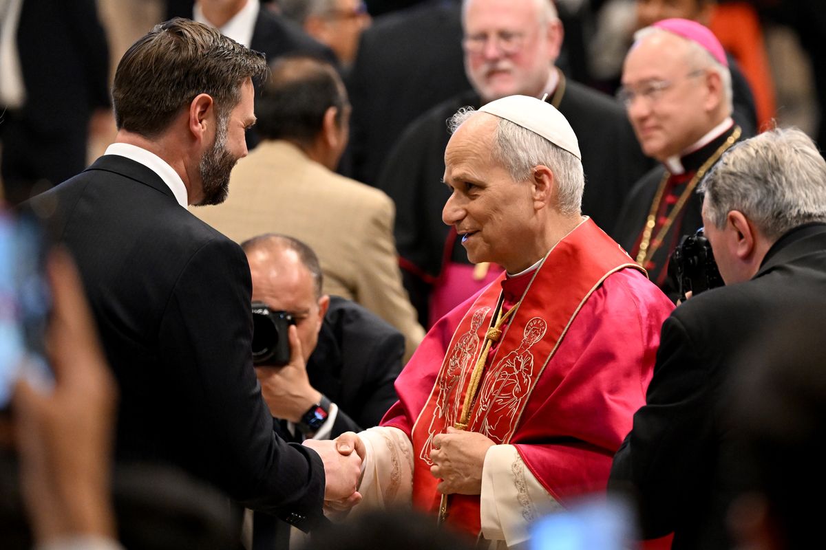 Pope Leo XIV and Vance greeting each other at the end of the Inauguration Mass In St. Peter's Square