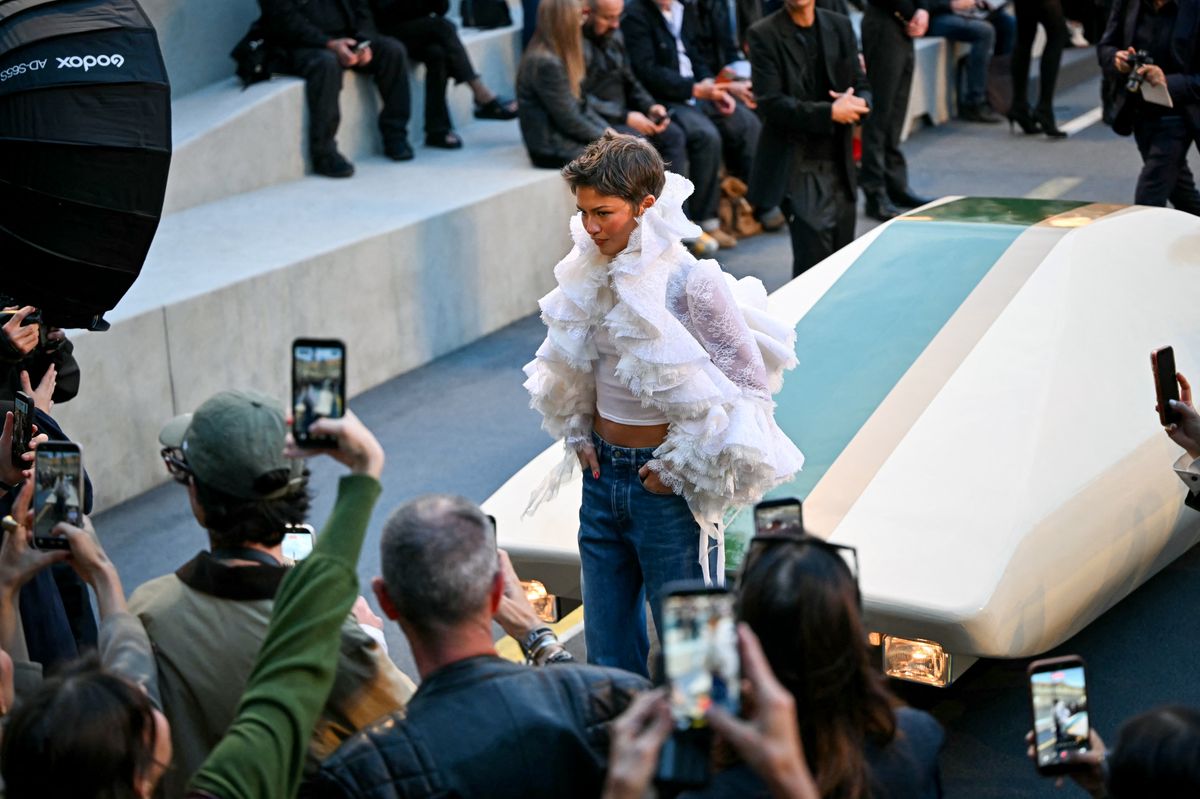 US actress and singer Zendaya poses as she arrives ahead of the Louis Vuitton Women's Spring/Summer 2027 collection fashion show