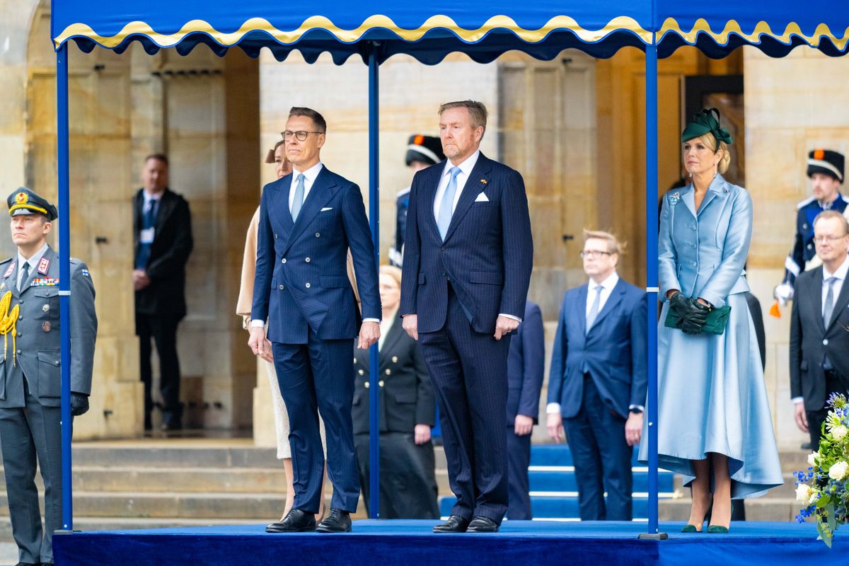 King Willem-Alexander, Queen Maxima, President Alexander Stubb, Suzanne Innes-Stubb at the Welcome Ceremony on Dam Square in Amsterdam during the state visit of Finland to the Netherlands.