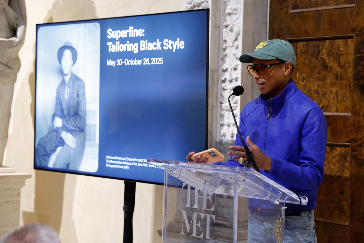 Pharrell Williams speaks during a press conference announcing the Spring 2025 Costume Institute exhibition "Superfine: Tailoring Black Style" at Metropolitan Museum of Art on October 09, 2024 in New York City. (Photo by Taylor Hill/WireImage)