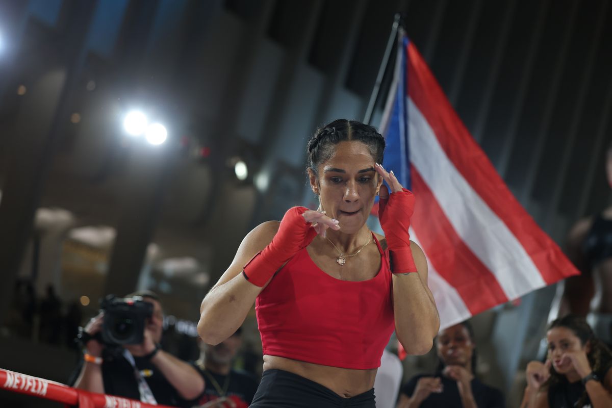 NEW YORK, NEW YORK - JULY 08: Amanda Serrano attends the Open Workout at The Oculus at Westfield World Trade Center ahead of Netflix's Katie Taylor vs Amanda Serrano 3 fight on July 11 at Madison Square Garden on July 08, 2025 in New York City. (Photo by Sarah Stier/Getty Images for Netflix)