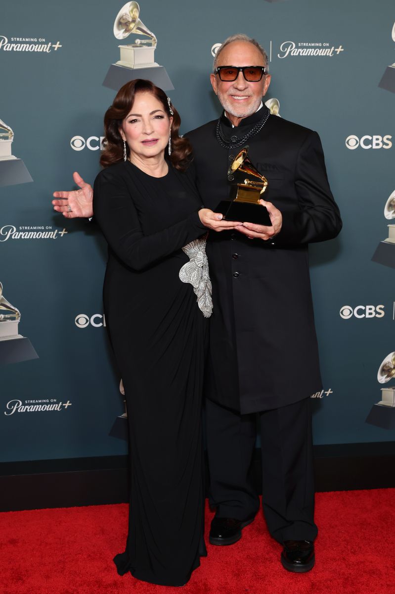 Gloria Estefan, winner of the Best Tropical Latin Album poses in the press room with Emilio Estefan during the 68th GRAMMY Awards