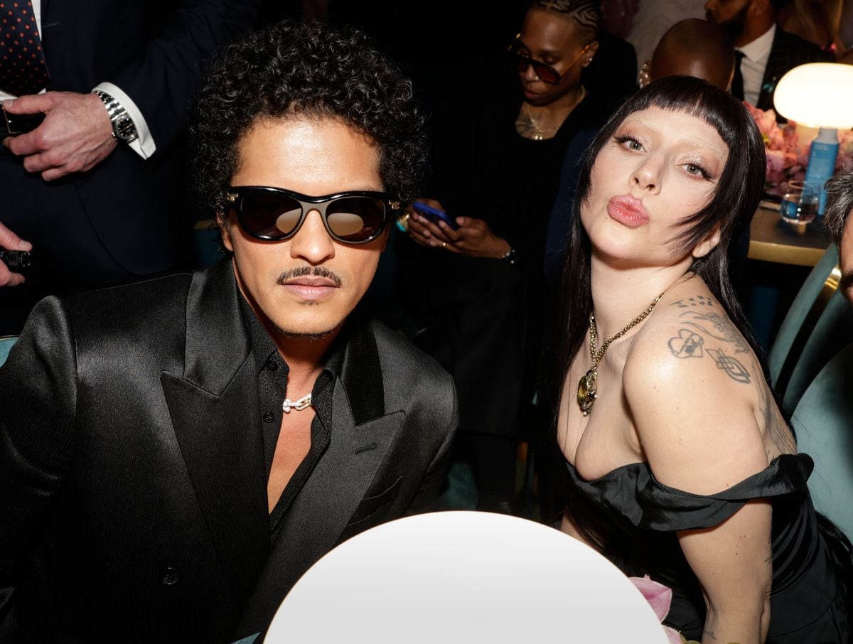 LOS ANGELES - FEBRUARY 2: Bruno Mars and Lady Gaga at The 67th Annual Grammy Awards, airing live from Crypto.com Arena in Los Angeles, California, Sunday, Feb. 2 (8:00-11:30 PM, live ET/5:00-8:30 PM, live PT) on the CBS Television Network, and streaming live and on demand on Paramount+.* (Photo by Francis Specker/CBS via Getty Images)  
