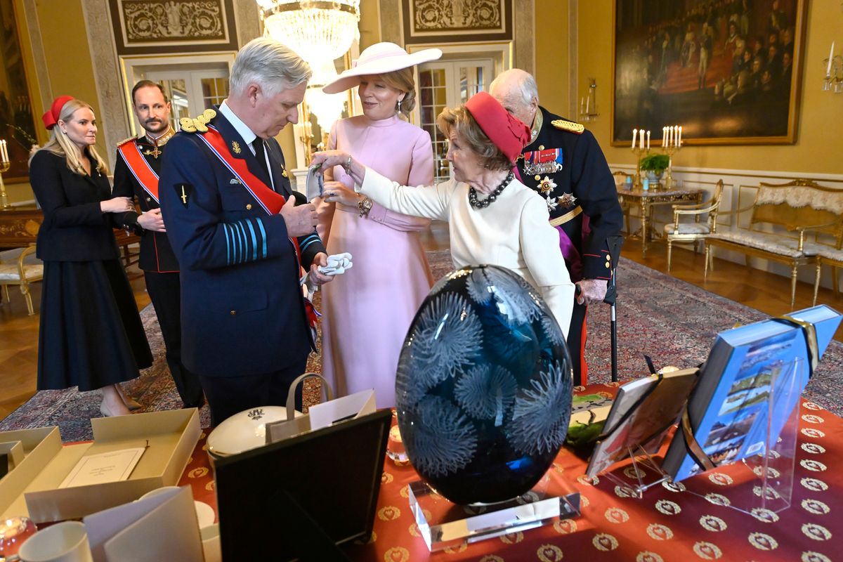 Princess Mette-Marit Tjessem, Prince Haakon of Norway, Queen Mathilde of Belgium, King Philippe of Belgium, King Harald of Norway and Queen Sonja  of Norway pictured during the official state visit in Norway of the Belgian Soverein