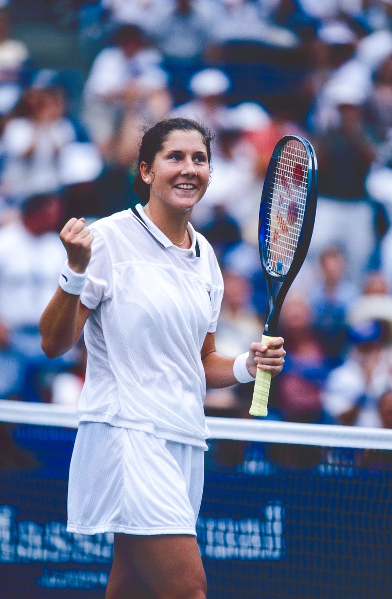 Monica Seles of USA in action during the Women's Singles Semifinal against Conchita Martinez of Spain at the United States Open in Flushing, New York on September 6th, 1996 in New York, United States of America.