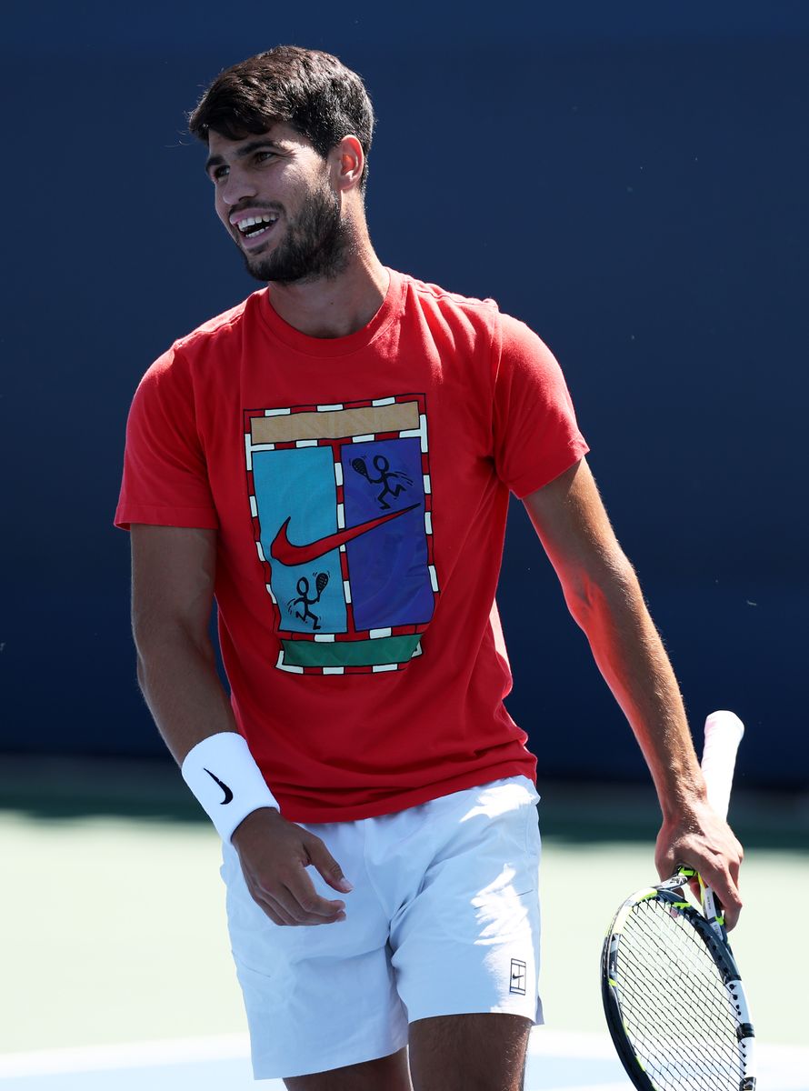 Carlos Alcaraz hair before the game, during a practice session ahead of the US Open on August 23, 2025