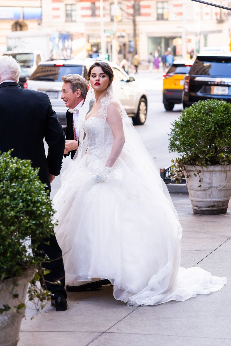 Selena Gomez is seen filming "Only Murders in the Building" in the Upper West Side on March 21, 2023 in New York City. 