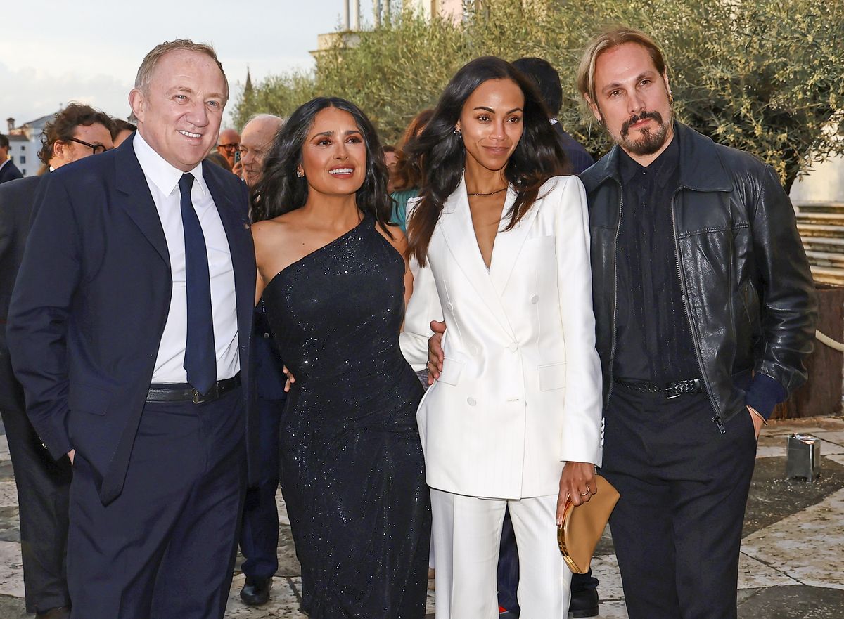 François-Henri Pinault, Salma Hayek, Zoe Saldaña, and Marco Perego at the Pinault Family and Giorgio Cini Foundation gala in Venice