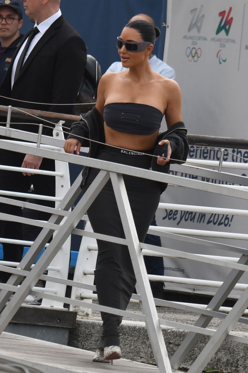 Kim Kardashian arrives ahead of Jeff Bezos and Lauren Sanchez Wedding on June 26, 2025 in Venice, Italy. 