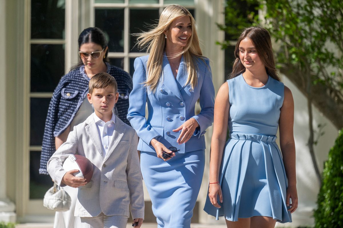 Ivanka & Arabella Trump twin in blue as they celebrate the Eagles' win in the White House