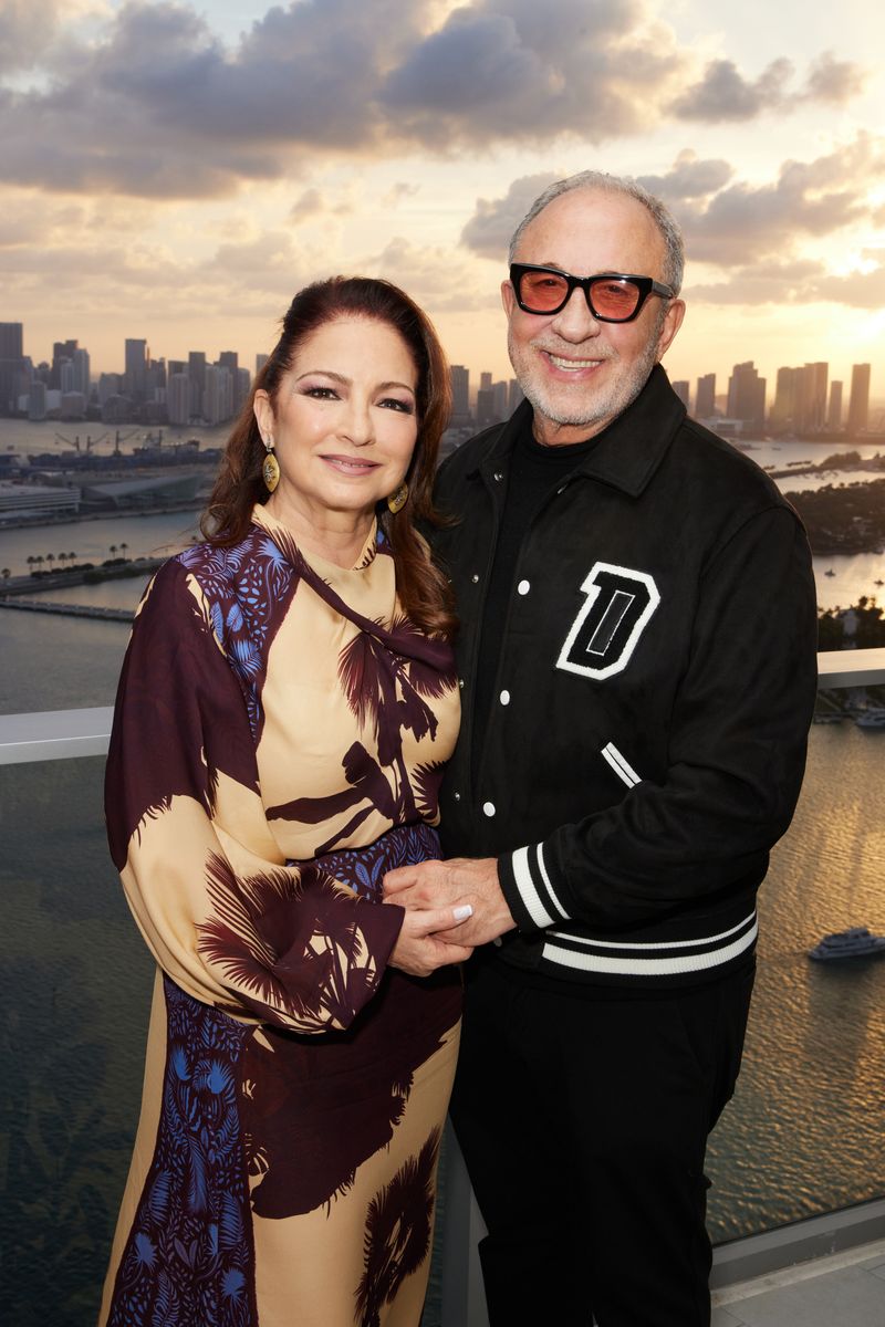Gloria Estefan and Emilio Estefan attend the Haute Living event together with Ikonic Yachts, Atlas, Santa Teresa 1796 and Bacardi Reserva Ocho celebrating Emilio and Gloria Estefan at Five Park Miami Beach on April 29, 2025 in Miami Beach, Florida. (Photo by Romain Maurice/Getty Images for Haute Living)