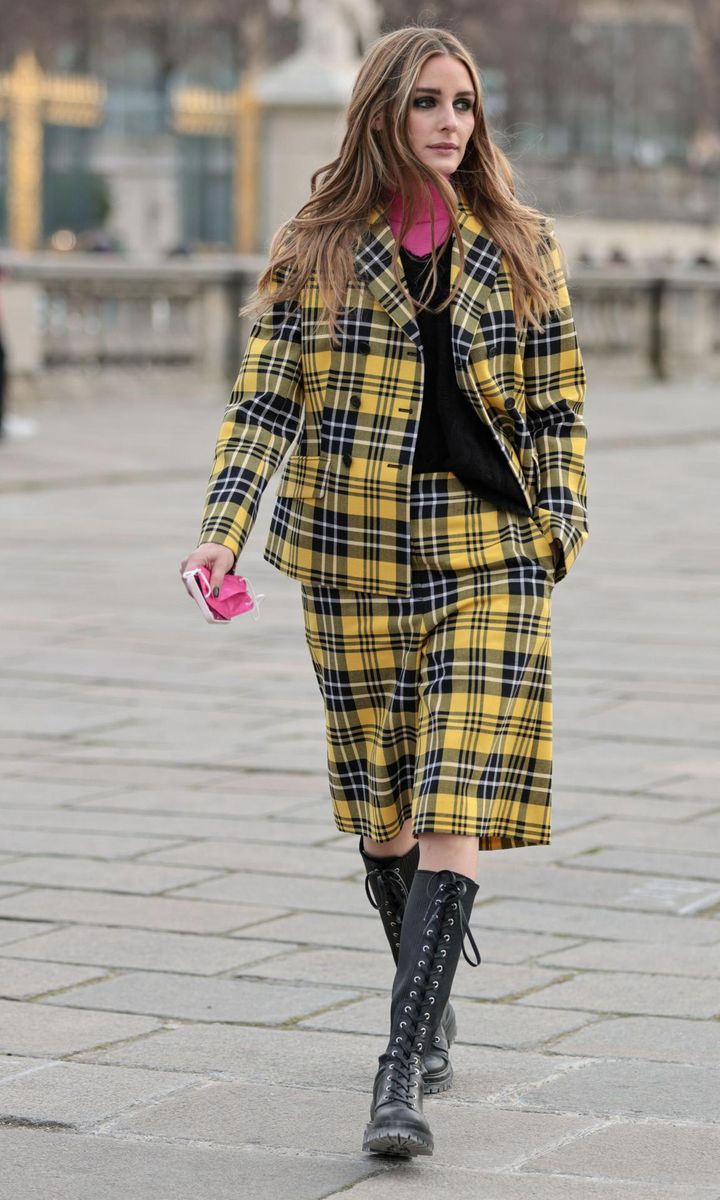 Olivia Palermo Rocks Yellow Plaid Co-Ord And Combat Boots For Dior's PFW Show
