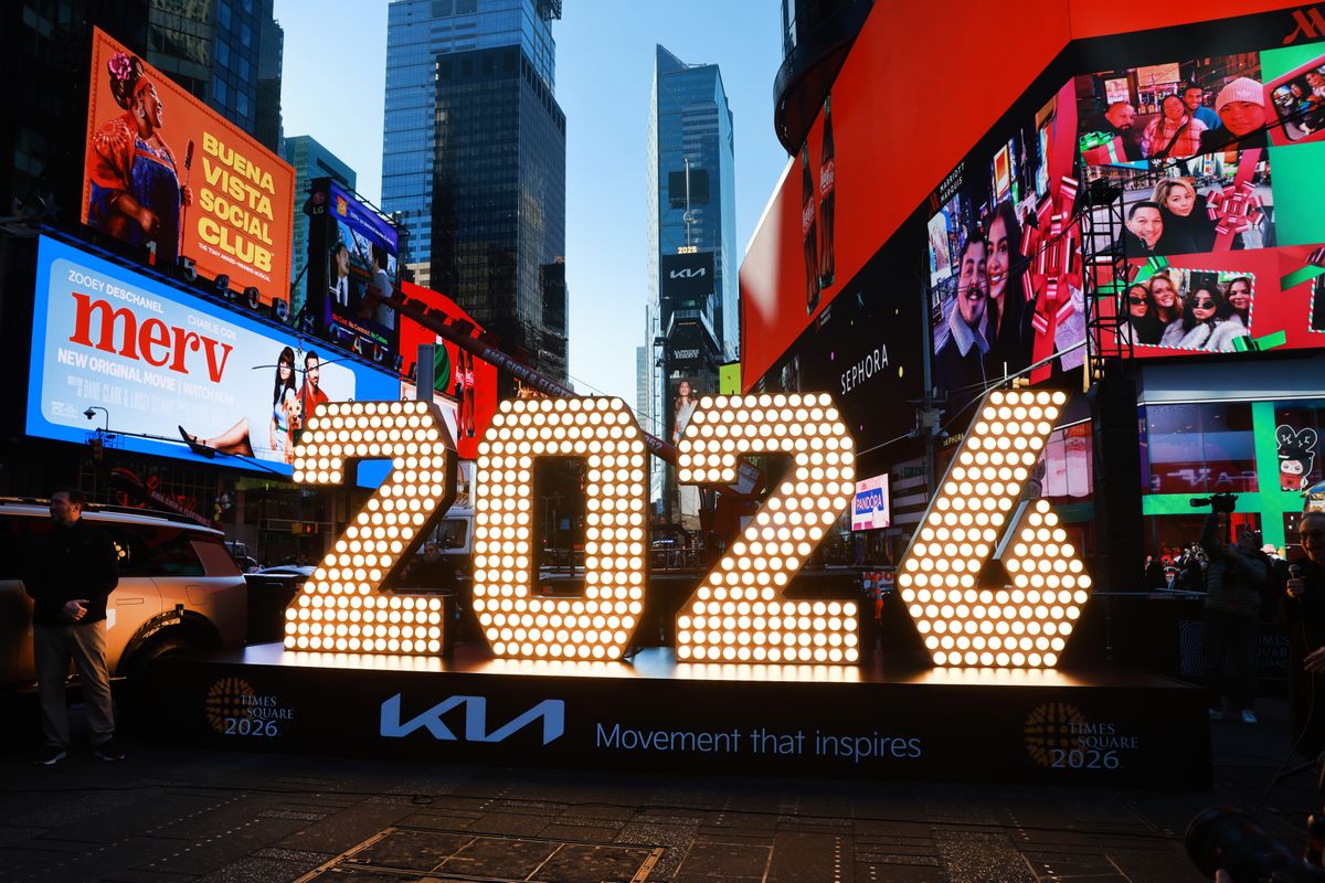 The New Year's Eve ball drop numerals for 2026 are displayed in Times Square.