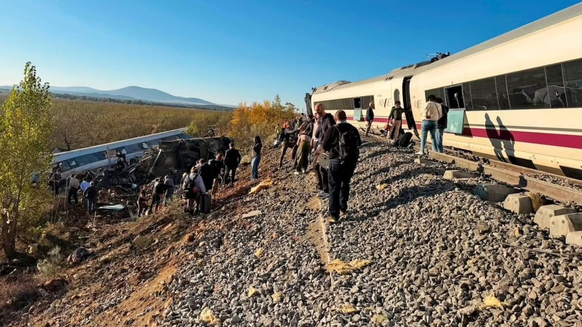 A view of the crash site after two high-speed trains collided in central Spain