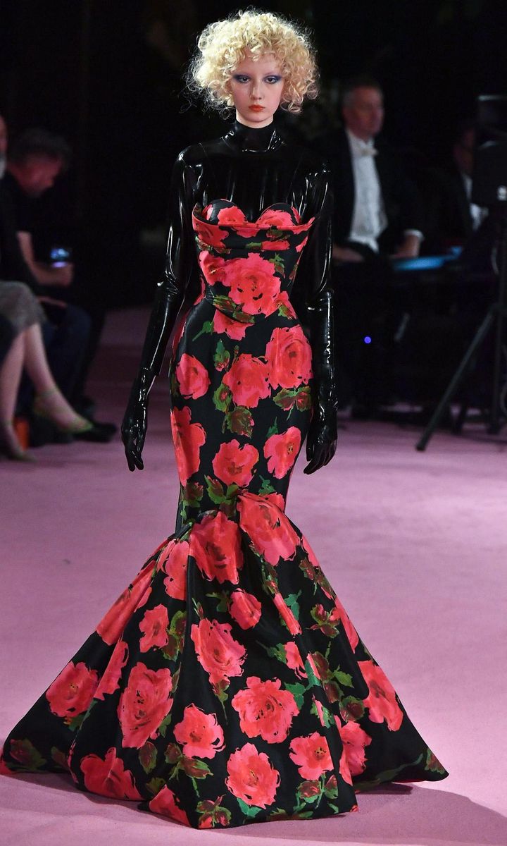 Fishtail dress with red rose print by Richard Quinn