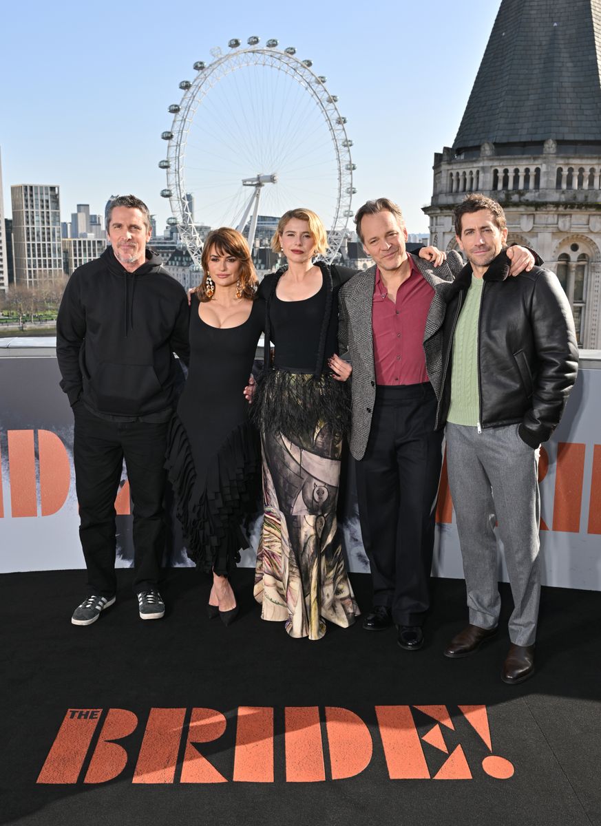 Christian Bale, Penelope Cruz, Jessie Buckley, Peter Sarsgaard, and Jake Gyllenhaal attend the London photocall for THE BRIDE! 