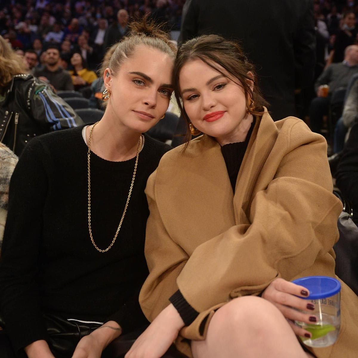 Selena Gomez & Cara Delevingne at the New York Knicks basketball game at Madison Squared Garden.