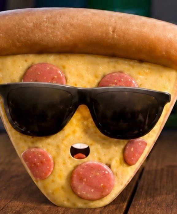 Pizza with Sunglasses is a rubber peperonni pizza slice with a pair of black sunglasses