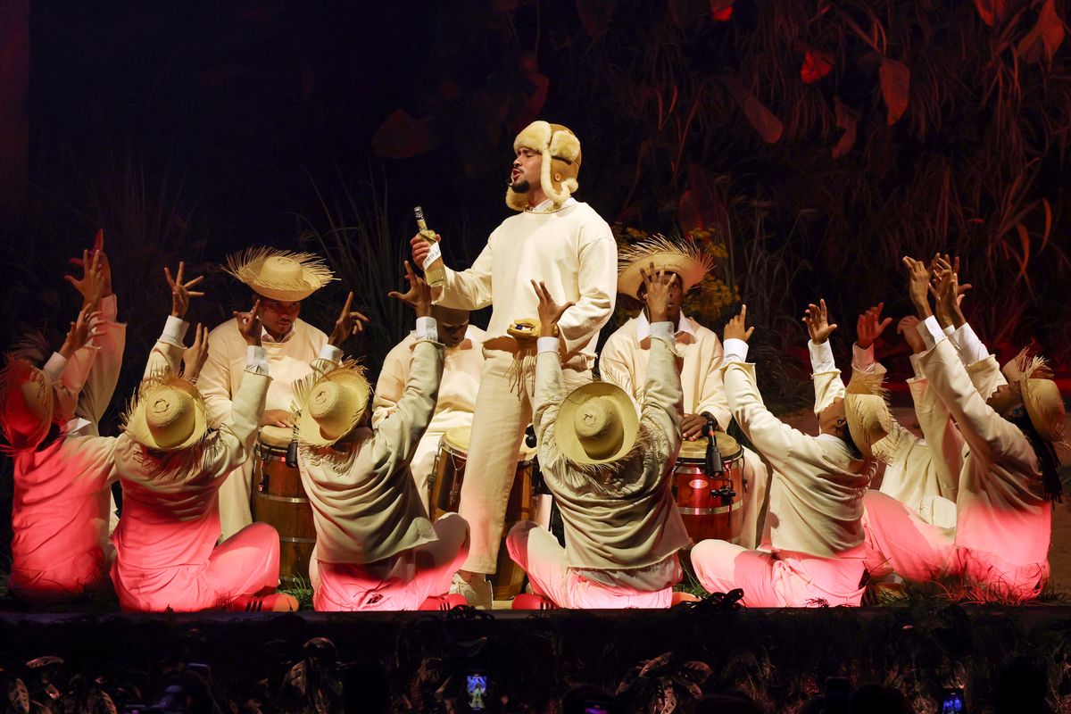 Bad Bunny performs onstage during Night One of Bad Bunny: "No Me Quiero Ir De Aqui" Residencia En El Choli at Coliseo de Puerto Rico JosÃ© Miguel Agrelot on July 11, 2025 in San Juan, Puerto Rico. (Photo by Kevin Mazur/Getty Images)
