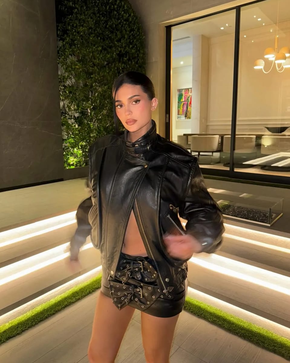 Kylie Jenner's look featured a jaw-dropping micro-miniskirt made almost entirely of thick black leather belts