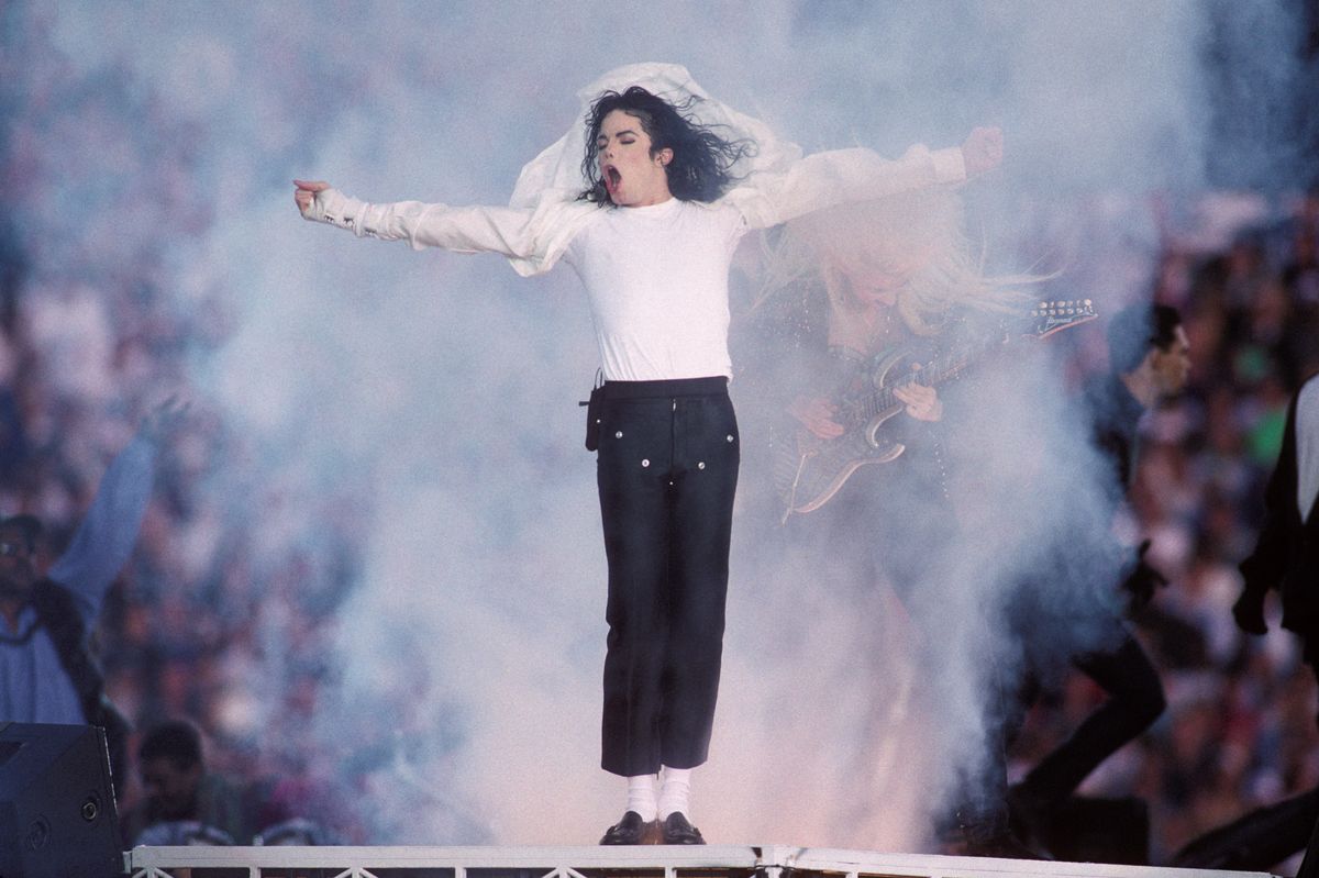 Michael Jackson performs at the Super Bowl XXVII Halftime show at the Rose Bowl on January 31, 1993 in California.