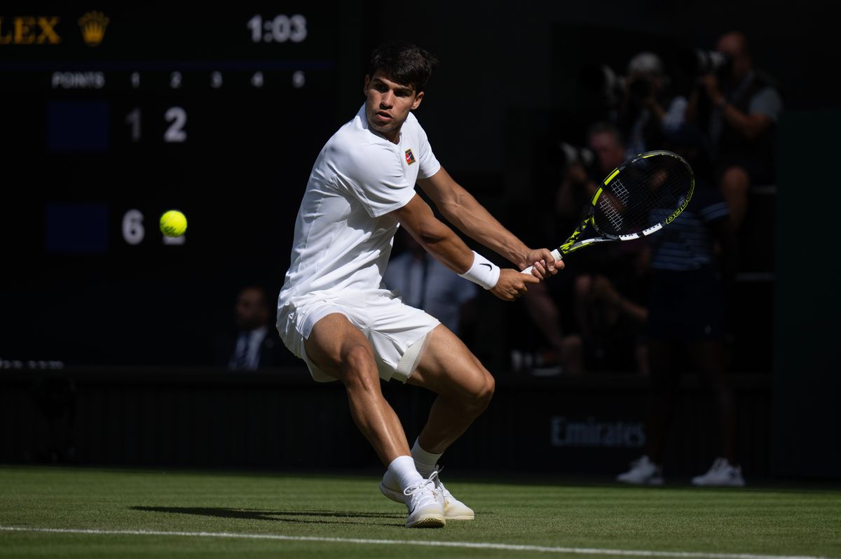 Carlos Alcaraz of Spain in action against Oliver Tarvet of Great Britain during the Gentlemen's second round match on day three of The Championships Wimbledon 2025