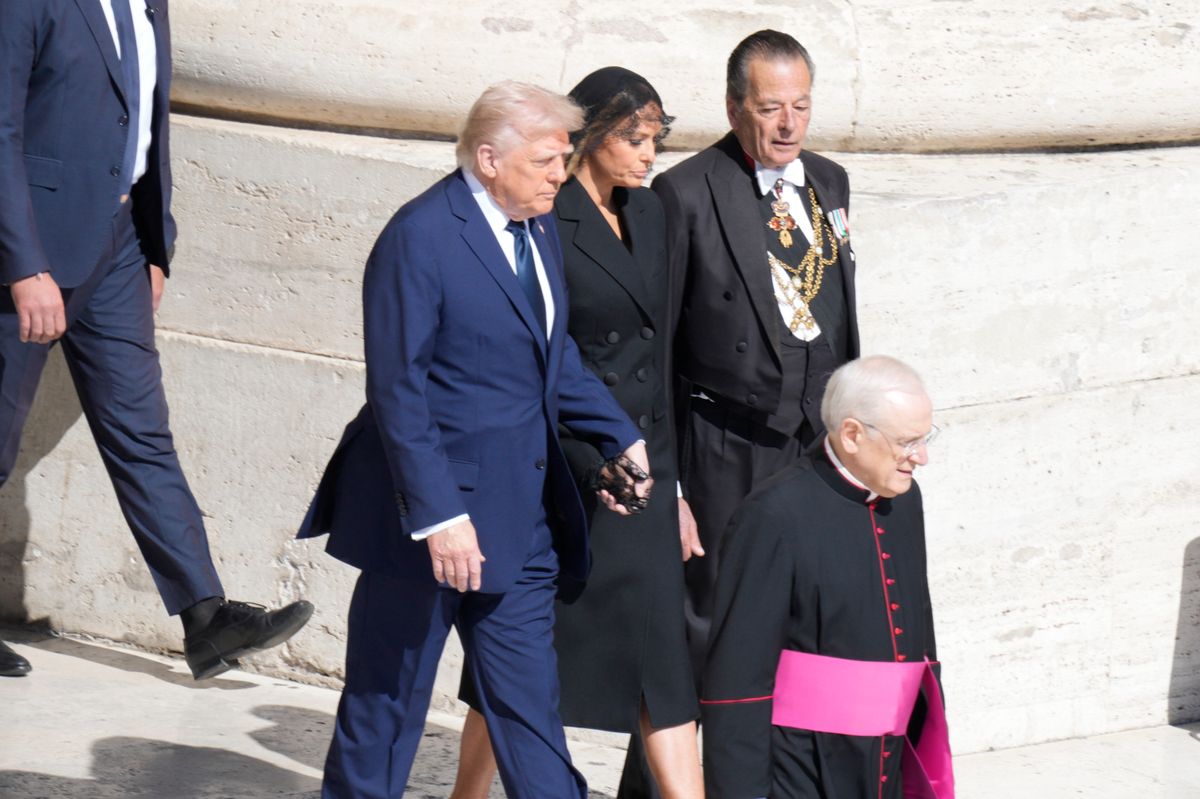 US President Donald Trump and his wife Melania  are seen arriving at the Pope's Funeral at the Vatican in Rome, Italy on 26 April, 2025. (Photo by Jaap Arriens/NurPhoto via Getty Images)