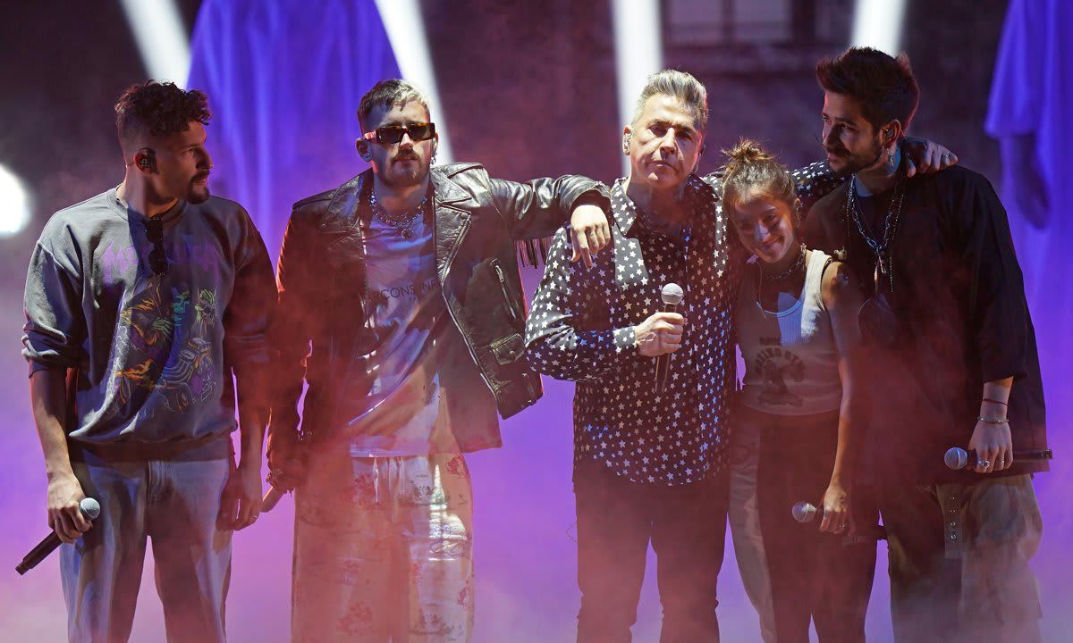 (L R) Mauricio Montaner and Ricky Montaner of Mau y Ricky, Ricardo Montaner, Evaluna Montaner, and Camilo