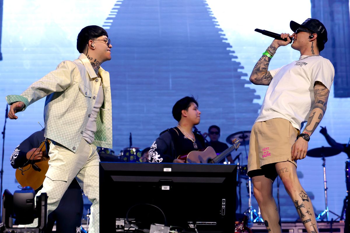 Peso Pluma performs with Junior H at the Coachella Stage during the 2025 Coachella Valley Music and Arts Festival at Empire Polo Club on April 13, 2025 