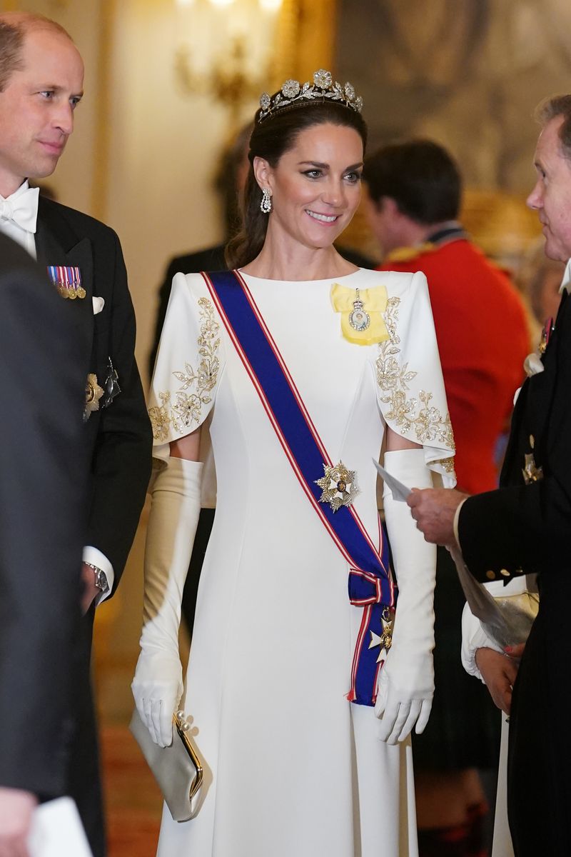 Prince William, Prince of Wales and Catherine, Princess of Wales attend the State Banquet at Buckingham Palace on November 21, 2023 in London, England.