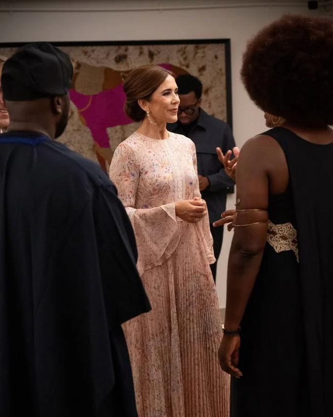 Queen Mary previously wore the romantic pink floral Mikael Aghal gown during an official visit to Nigeria in June 2025.