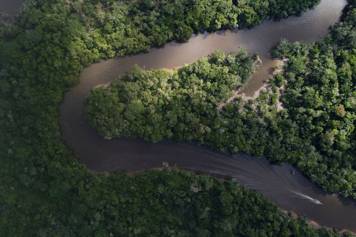 Aerial view of the Aguarico river, in the Amazon region of Lagartococha, Peru, on January 12, 2023. - O/AFP via Getty Images)