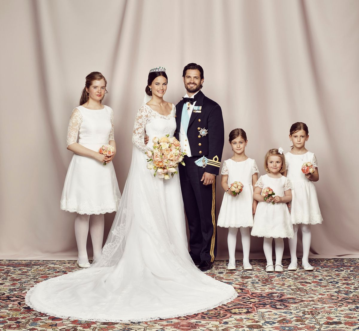 Tiara Larsson (left) and Princess Estelle (second from the right) were bridesmaids at the Prince Couple's wedding