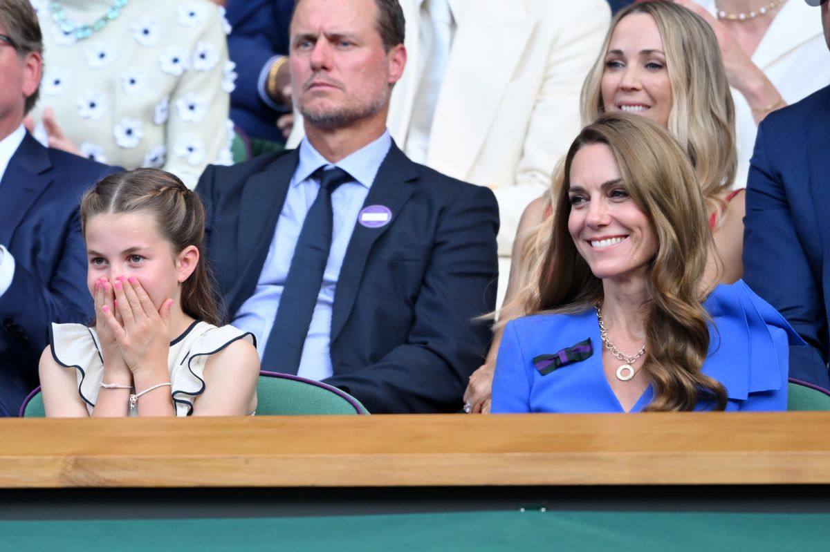 LONDON, ENGLAND - JULY 13: Princess Charlotte of Wales and Catherine, Princess of Wales attend day fourteen of the Wimbledon Tennis Championships at the All England Lawn Tennis and Croquet Club at All England Lawn Tennis and Croquet Club on July 13, 2025 in London, England. (Photo by Karwai Tang/WireImage)