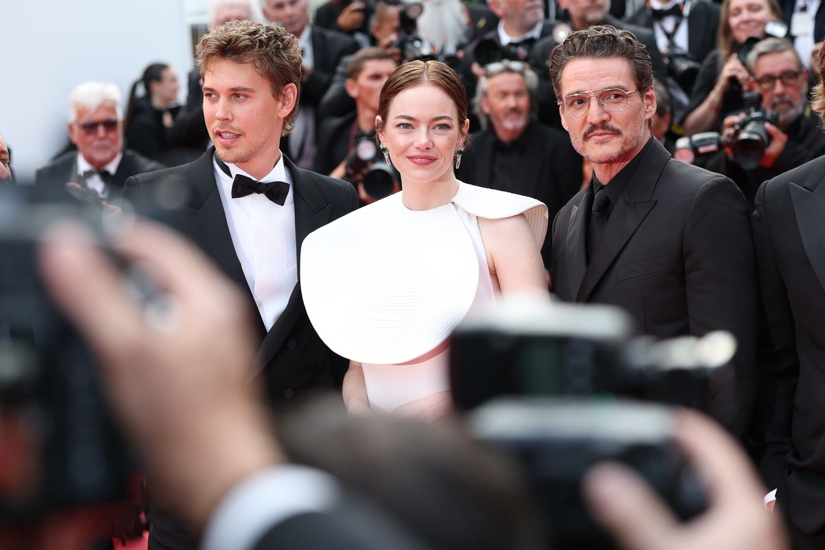 Pedro Pascal, Emma Stone and Austin Butler attend the "Eddington" red carpet at the 78th annual Cannes Film Festival 