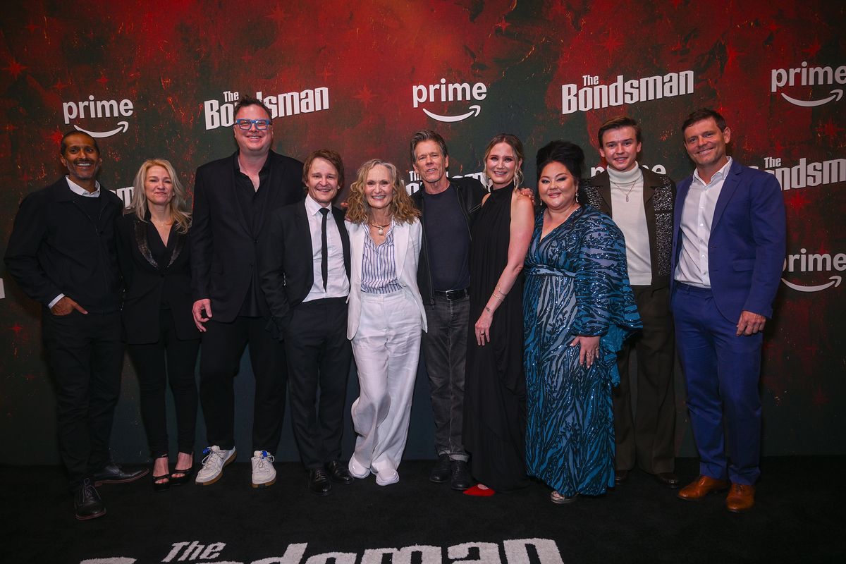 (L-R) Abhijay Prakash, Laura Lancaster, Damon Herriman, Beth Grant, Kevin Bacon, Jennifer Nettles, Jolene Purdy, and Maxwell Jenkins attend "The Bondsman" NY premiere.