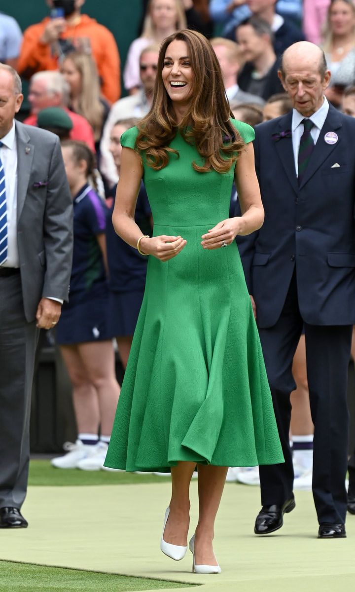 LONDON, ENGLAND - JULY 10: Catherine, Duchess of Cambridge attends day 12 of the Wimbledon Tennis Championships at the All England Lawn Tennis and Croquet Club on July 10, 2021 in London, England. (Photo by Karwai Tang/WireImage)