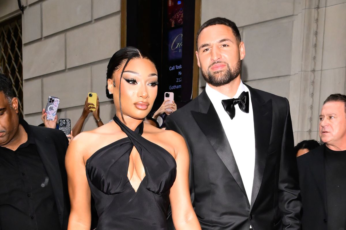 NEW YORK, NEW YORK - JULY 16: Megan Thee Stallion and Klay Thompson are seen on July 16, 2025  in New York City. (Photo by Raymond Hall/GC Images)
