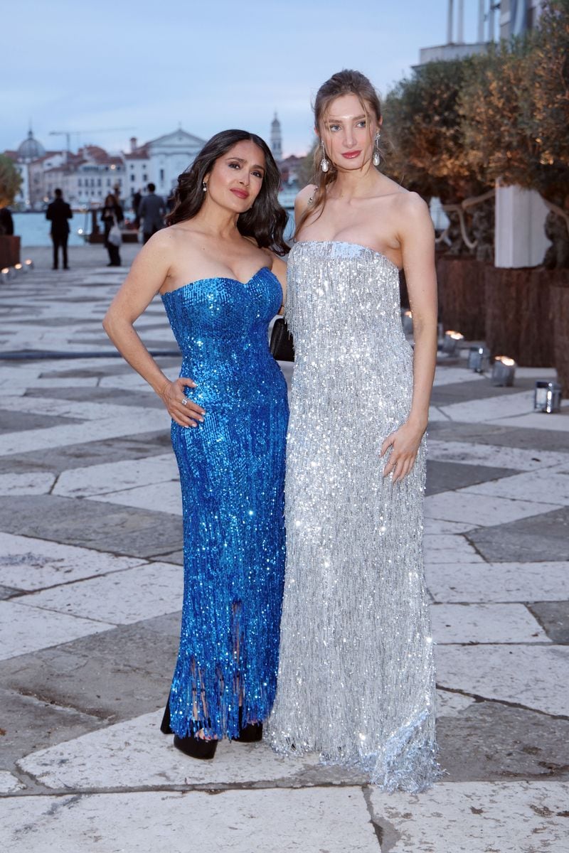 Salma Hayek and Mathilde Pinault attend the "Fondazione Cini, Isola Di San Giorgio" Photocall during the 60th Biennale Art 2024 at Fondazione Cini on April 17, 2024 in Venice, Italy. (Photo by Daniele Venturelli/Getty Images)