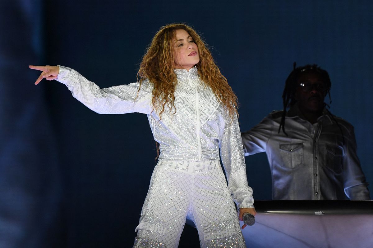 Colombian singer Shakira performs during the worldwide launch of her 'Las Mujeres ya no Lloran' tour at the Atanasio Girardot Stadium in Medellin, Colombia on April 12, 2025.  