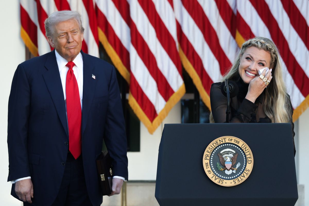 Erika Kirk, wife of late conservative activist Charlie Kirk, speaks after President Donald Trump posthumously awarded the Presidential Medal of Freedom to Charlie Kirk 