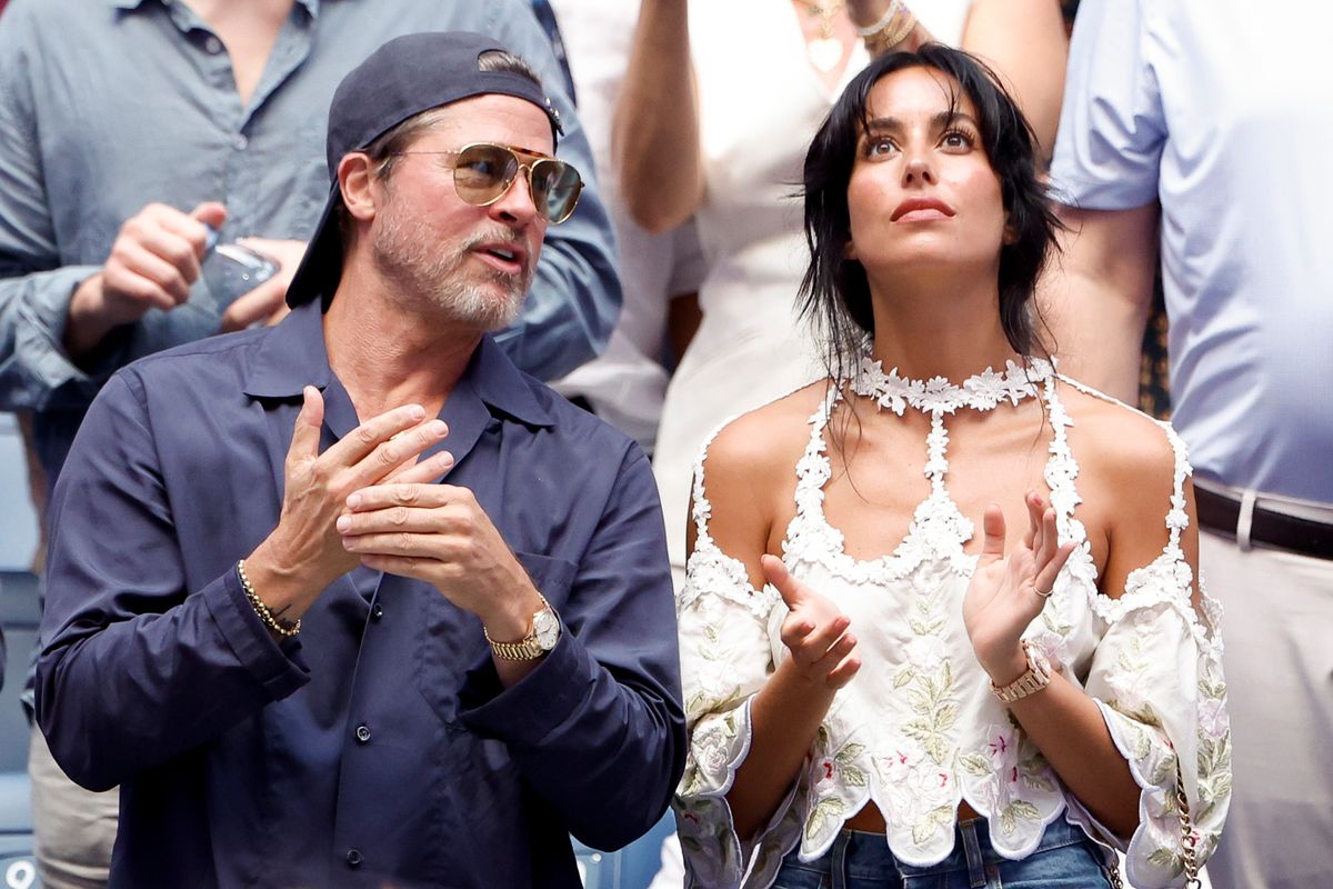 Ines de Ramon and Brad Pitt attend the men's final on day fifteen of the 2026 US Open