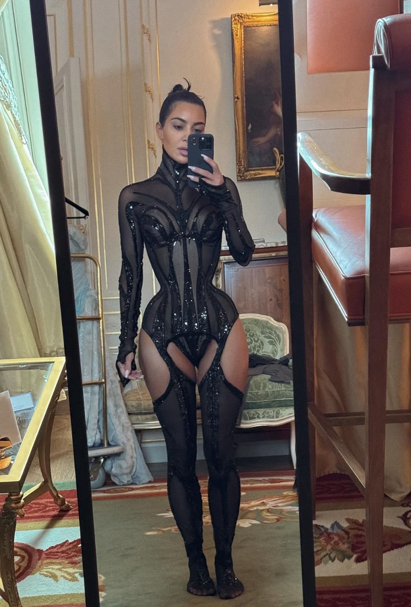 Kim took to social media to show off the ultra-cinched, sheer Mugler bodysuit