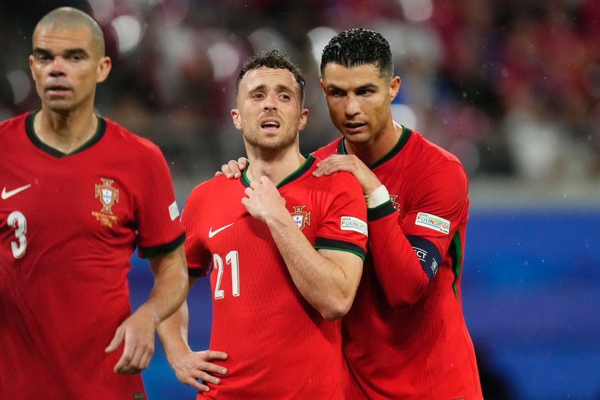 Cristiano Ronaldo centre-forward of Portugal and Al-Nassr FC and Diogo Jota left winger of Portugal and Liverpool FC during the UEFA EURO 2024 group stage match between Portugal and Czechia at Football Stadium Leipzig on June 18, 2024 in Leipzig, Germany. (Photo by Jose Breton/Pics Action/NurPhoto via Getty Images)