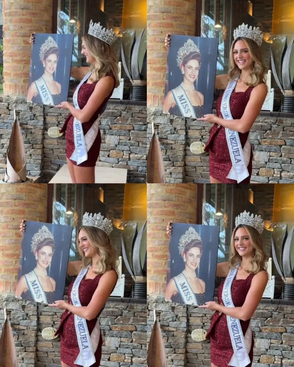 Clara Vegas Goetz posing alongside a photograph of her mother, Andreina Goetz