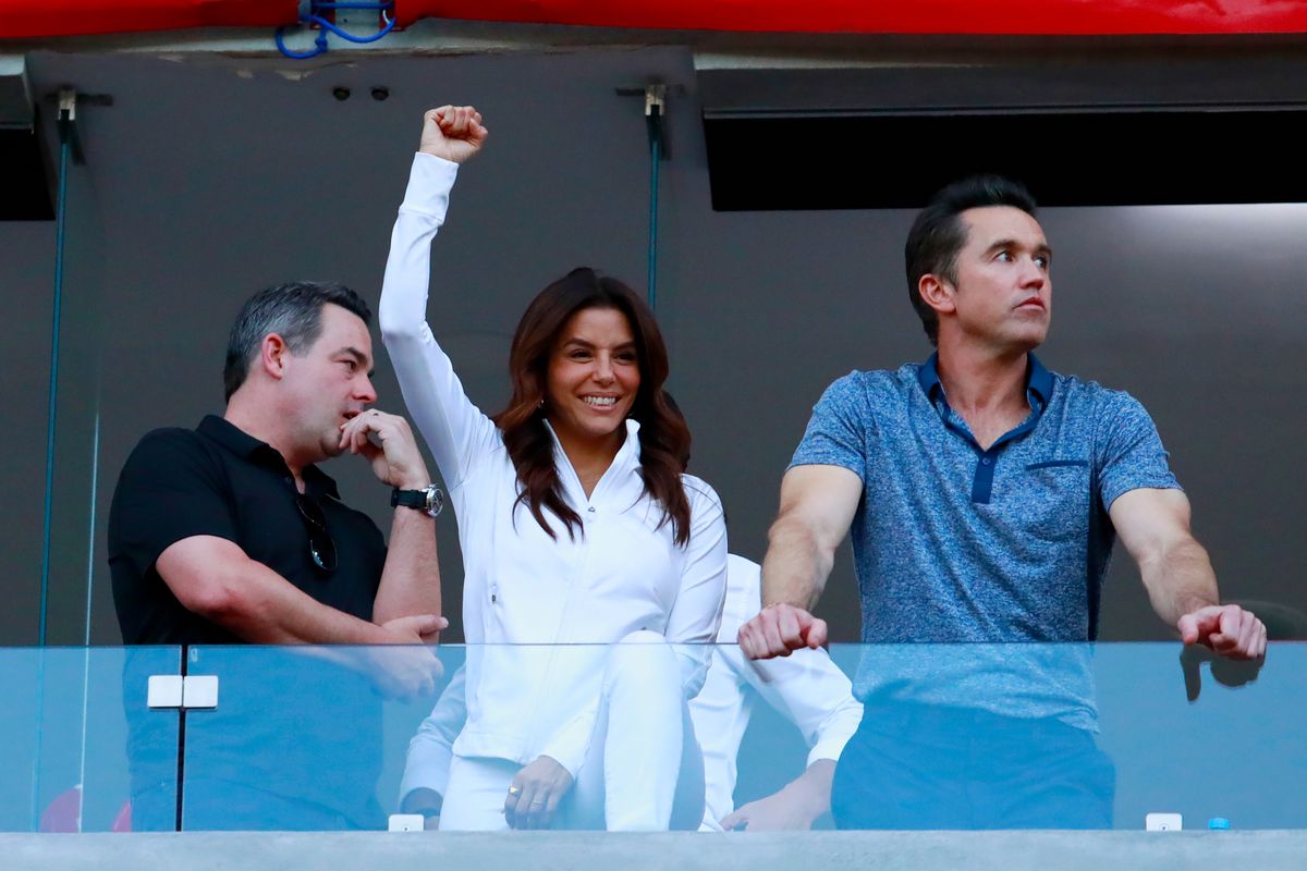 Eva Longoria and Ron during the 13th round match between Necaxa and Queretaro as part of the Torneo Clausura 2025 Liga MX at Victoria Stadium on March 28, 2025 in Aguascalientes, Mexico.