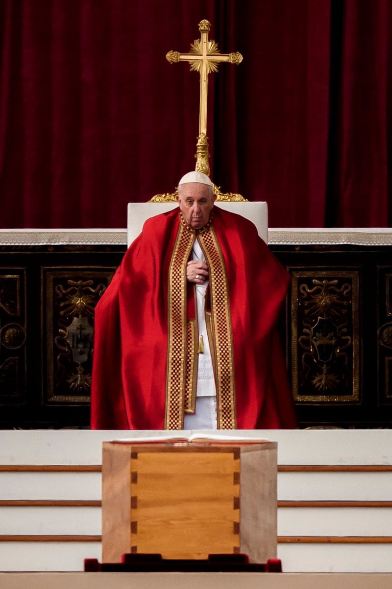 Pope Francis attends the funeral mass for Pope Emeritus Benedict XVI at St. Peter's square on January 5, 2023 in Vatican City, Vatican