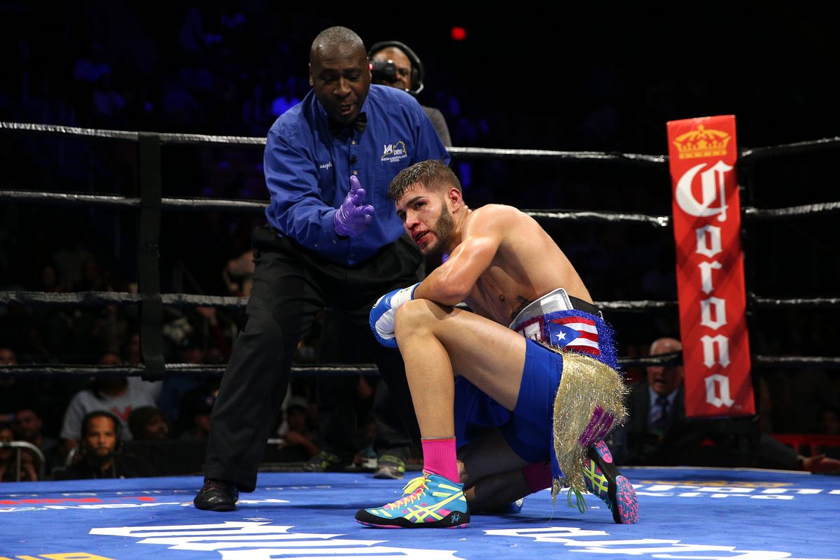 Prichard Colon (C) falls to the ring after taking a punch from Terrel Williams in their super welterweights bout